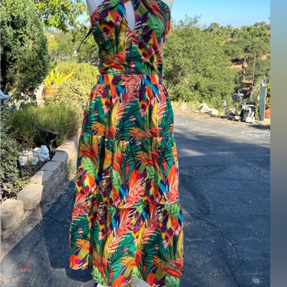 Tropical Halter Tiered Maxi Dress - Multicolor